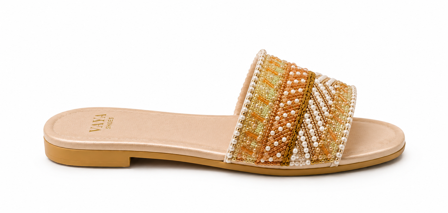 Champagne gold handmade pearl embroidered flats for women by Nazakat By Vaya Pakistan
