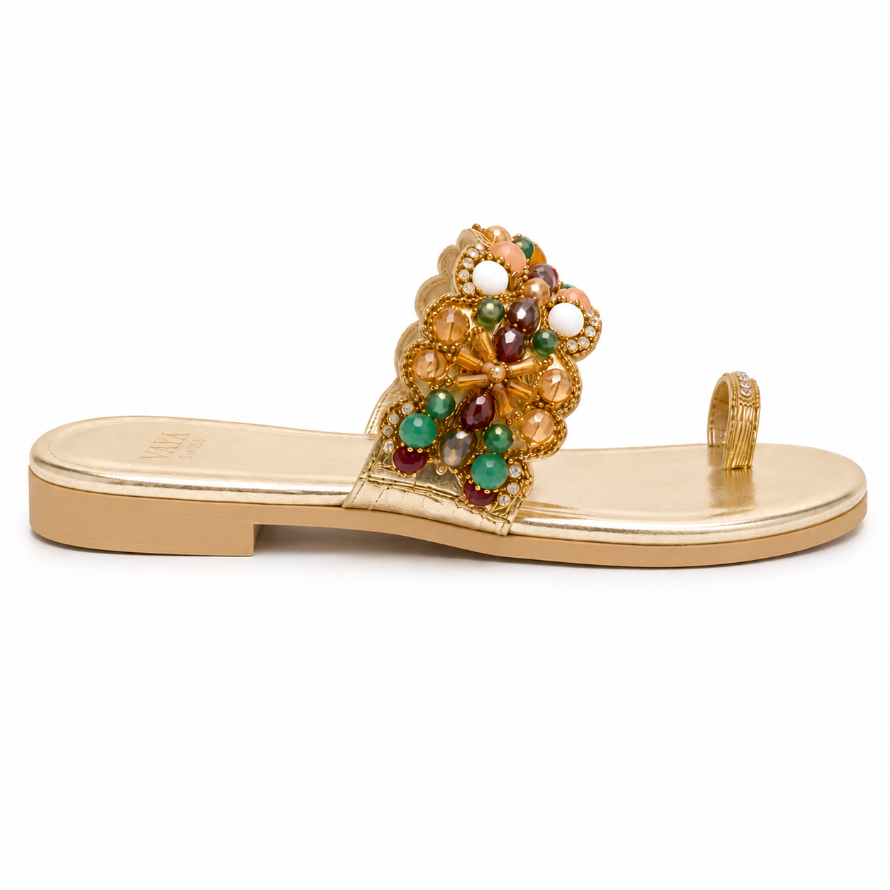 Afsana by VAYA handcrafted golden flats with colourful stones, pearls and luxury festive embellishments for women