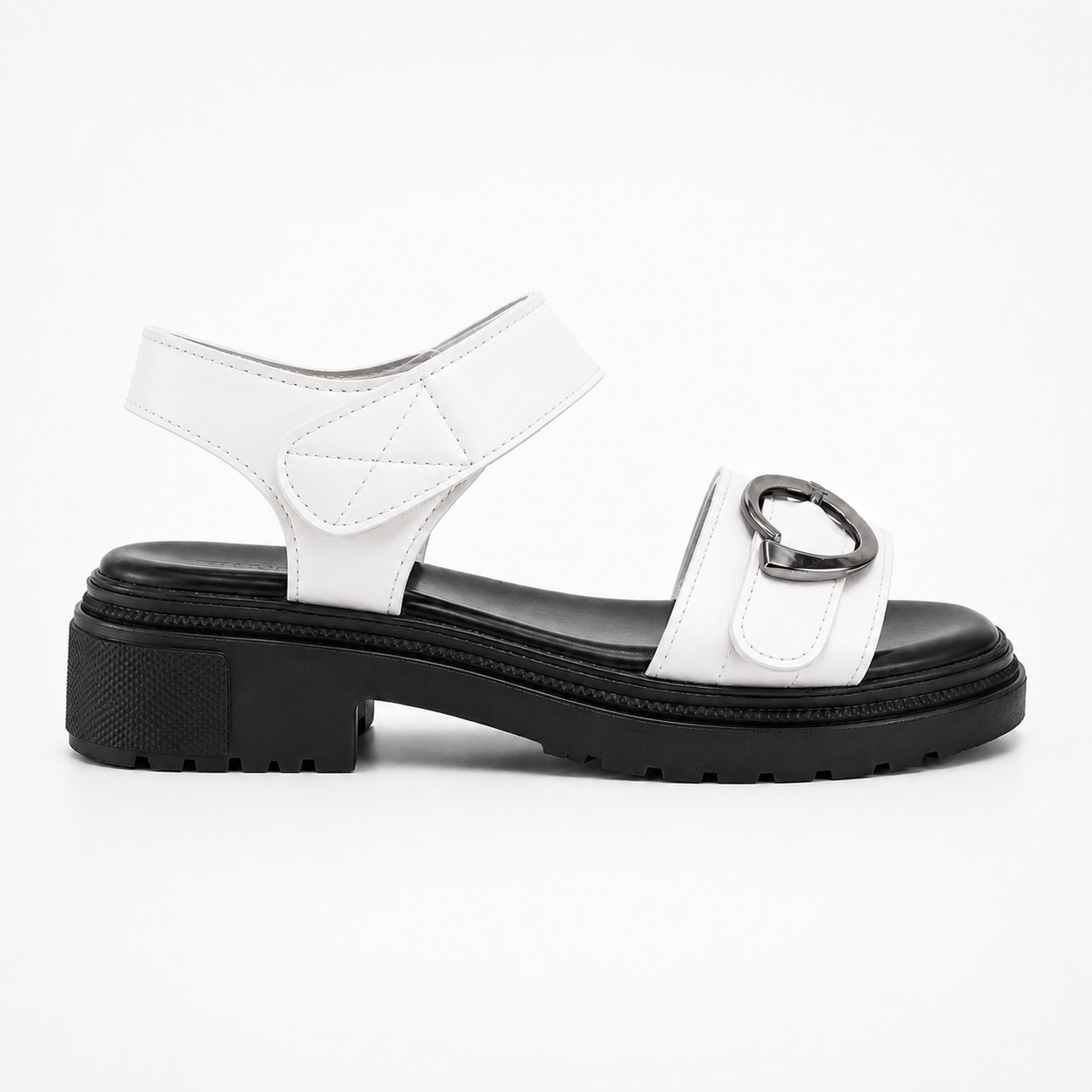 Orbit White platform sandals from ROAMÉ by VAYA featuring premium white synthetic leather straps, silver buckle details, a black cushioned footbed, and a lightweight PU platform sole for everyday comfort.