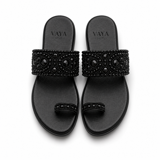 Aks by VAYA handcrafted black pearl embellished flats with luxury beadwork and elegant festive design for women
