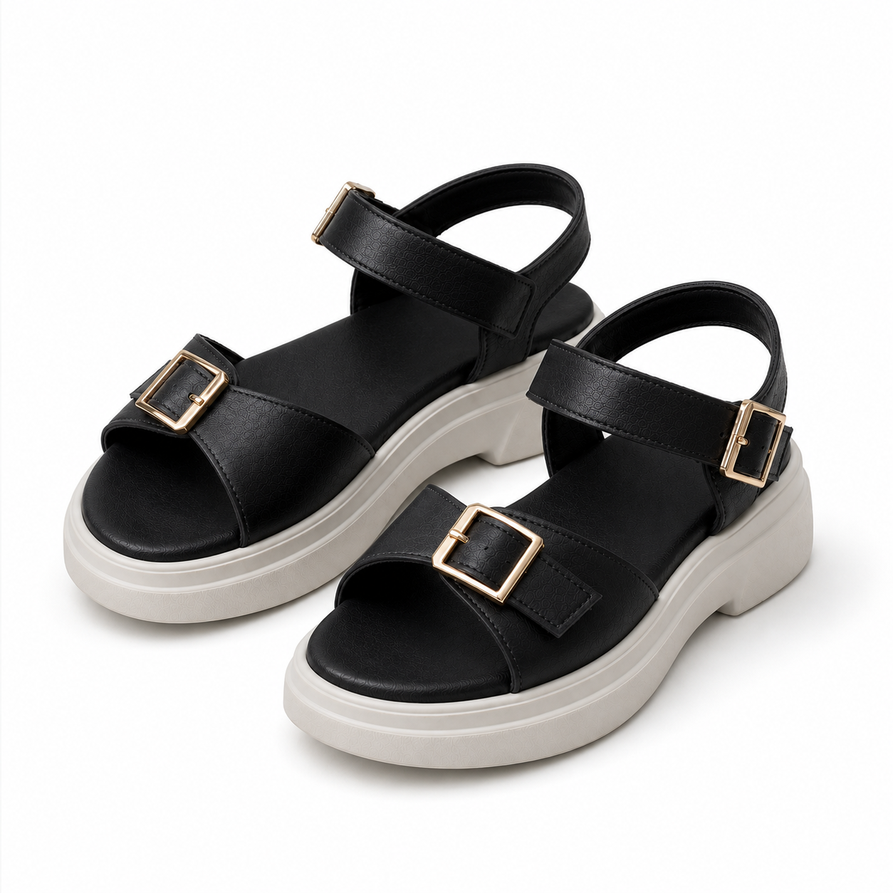 Merlot Black platform sandals by ROAMÉ by VAYA with adjustable buckle straps, lightweight white platform sole, and cushioned comfort.