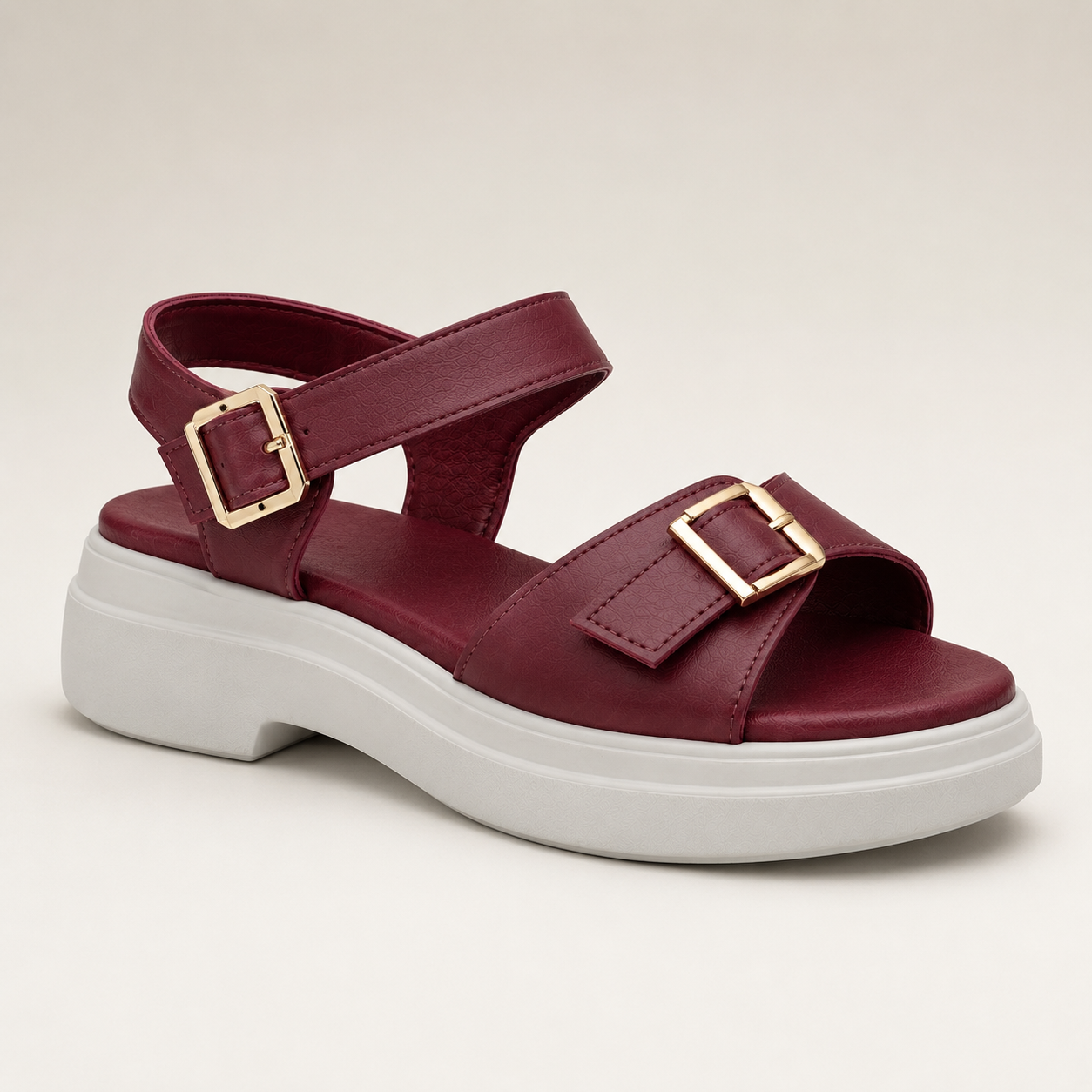 Merlot platform sandals from ROAMÉ by VAYA featuring a rich maroon synthetic leather upper, adjustable buckle straps, a lightweight white PU platform sole, and a cushioned footbed for all-day comfort.
