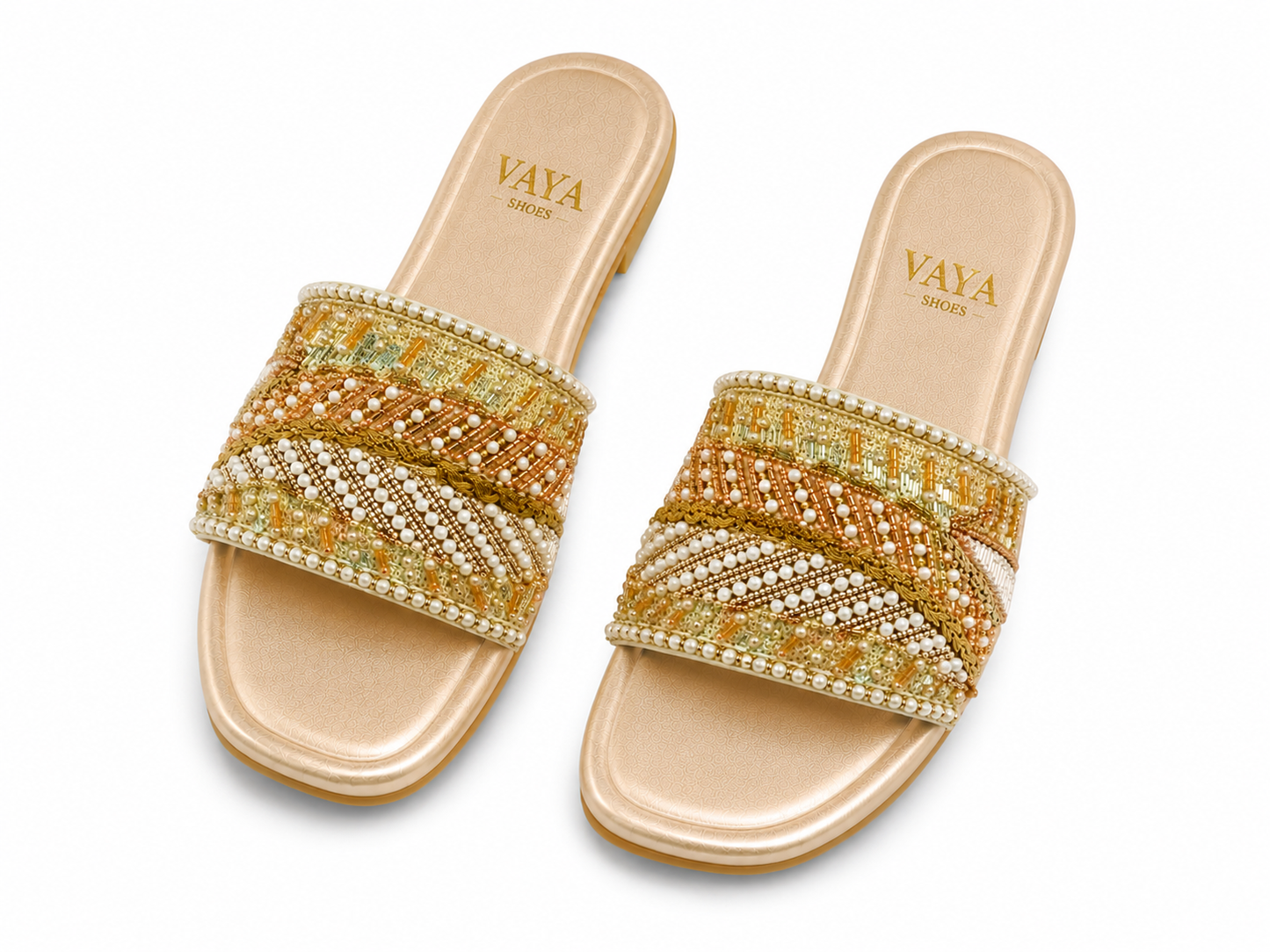 Champagne gold handmade pearl embroidered flats for women by Nazakat By Vaya Pakistan