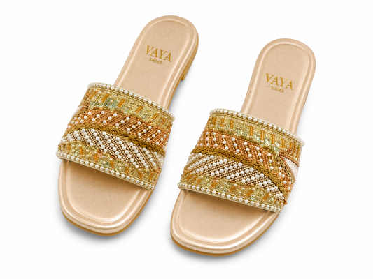 Champagne gold handmade pearl embroidered flats for women by Nazakat By Vaya Pakistan
