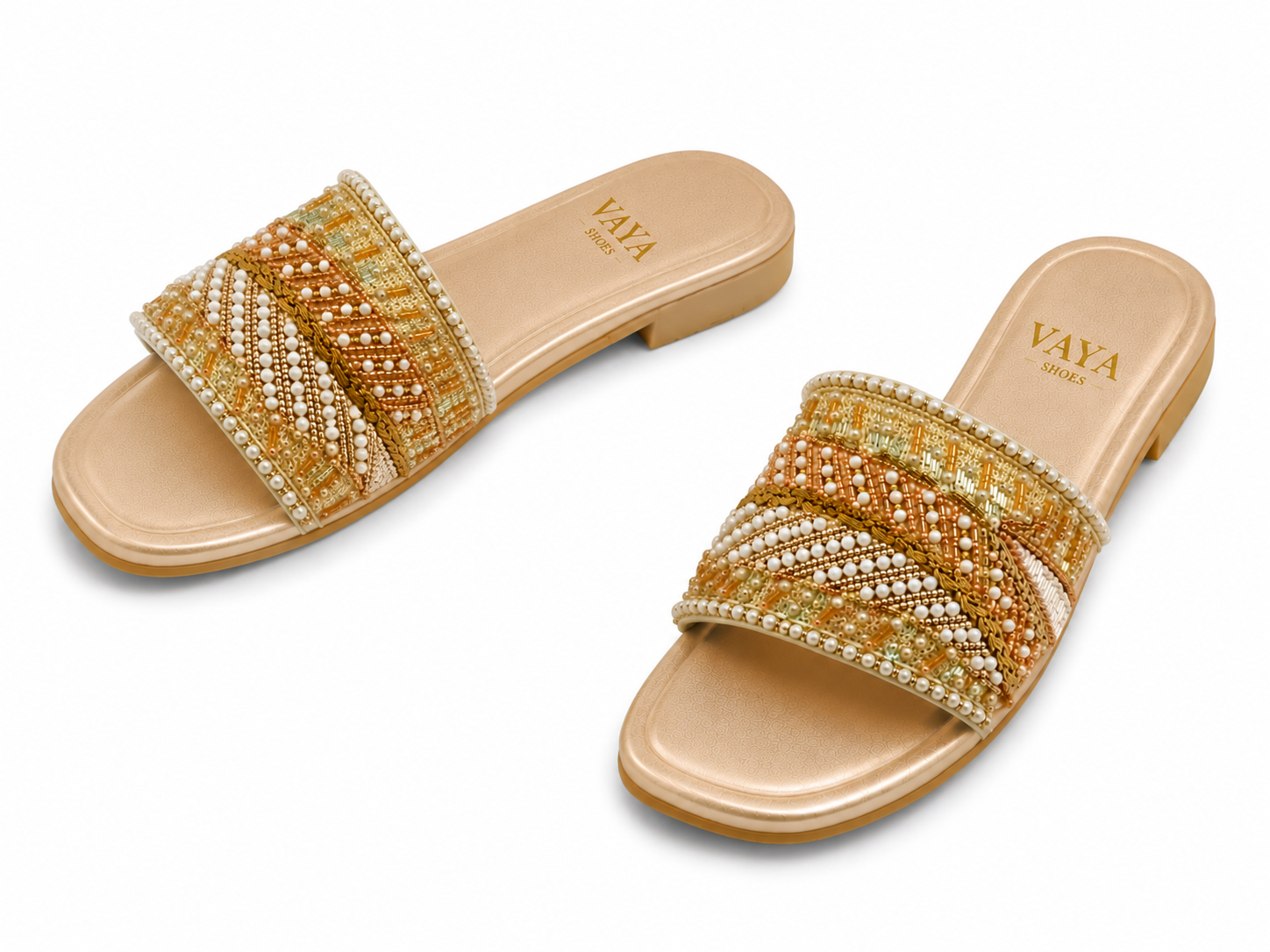 Champagne gold handmade pearl embroidered flats for women by Nazakat By Vaya Pakistan