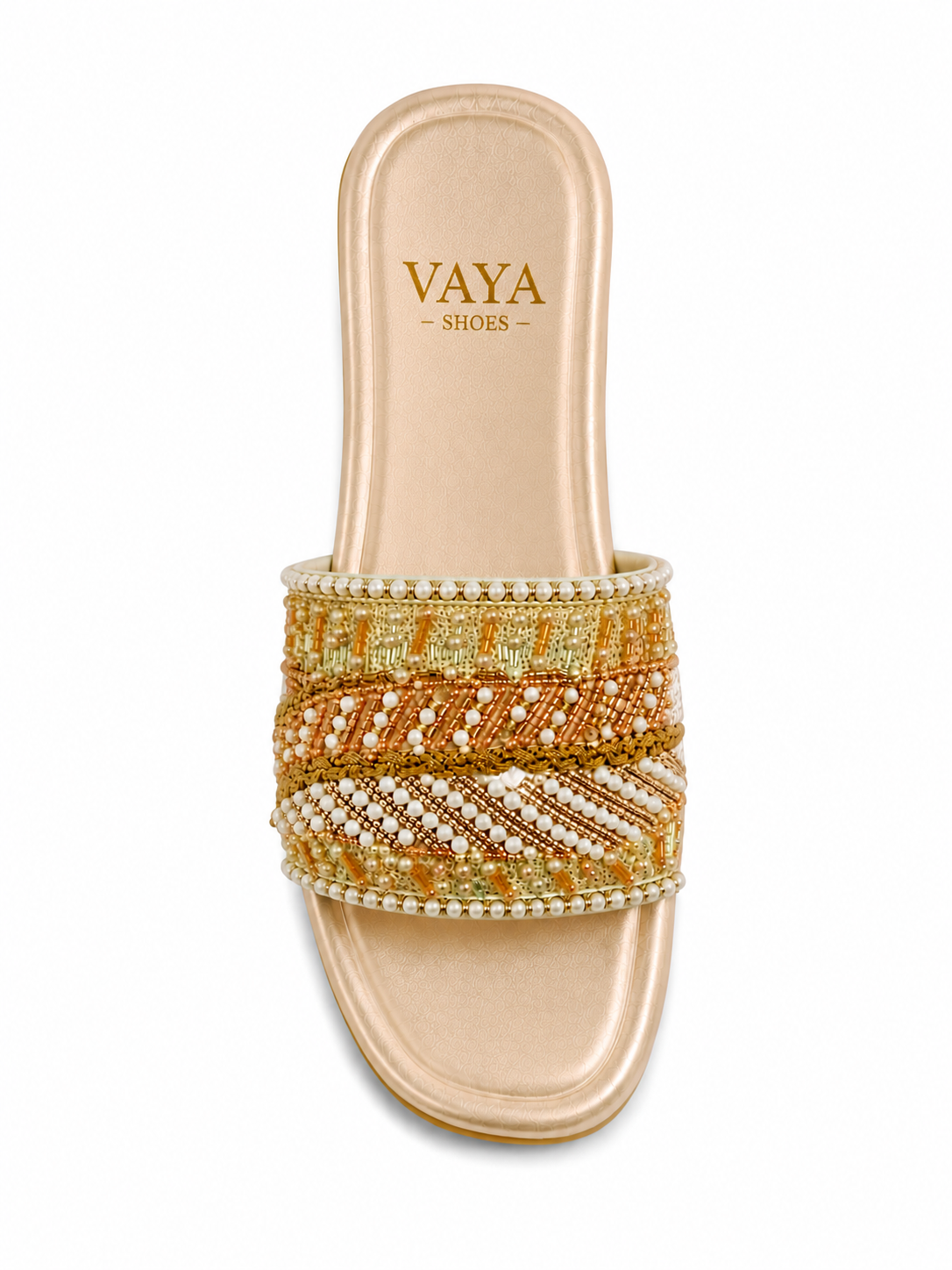 Champagne gold handmade pearl embroidered flats for women by Nazakat By Vaya Pakistan