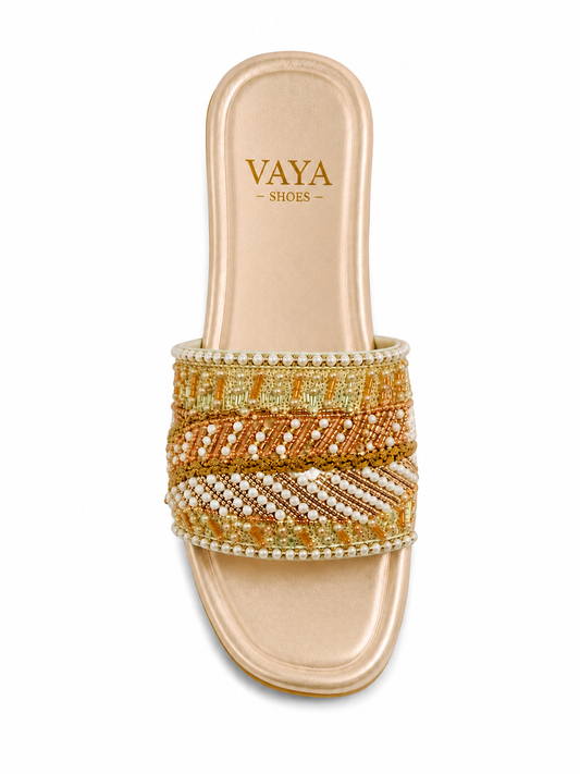 Champagne gold handmade pearl embroidered flats for women by Nazakat By Vaya Pakistan