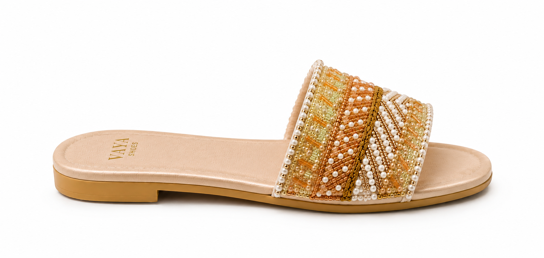 Champagne gold handmade pearl embroidered flats for women by Nazakat By Vaya Pakistan