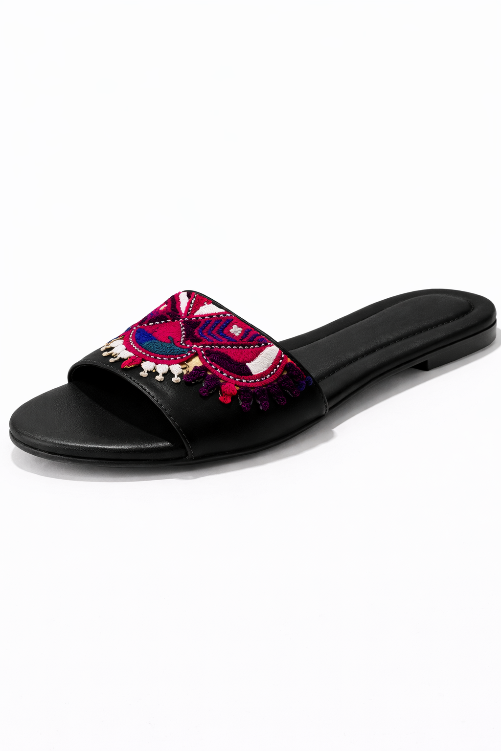 Black slide sandal with colorful floral design on a white background