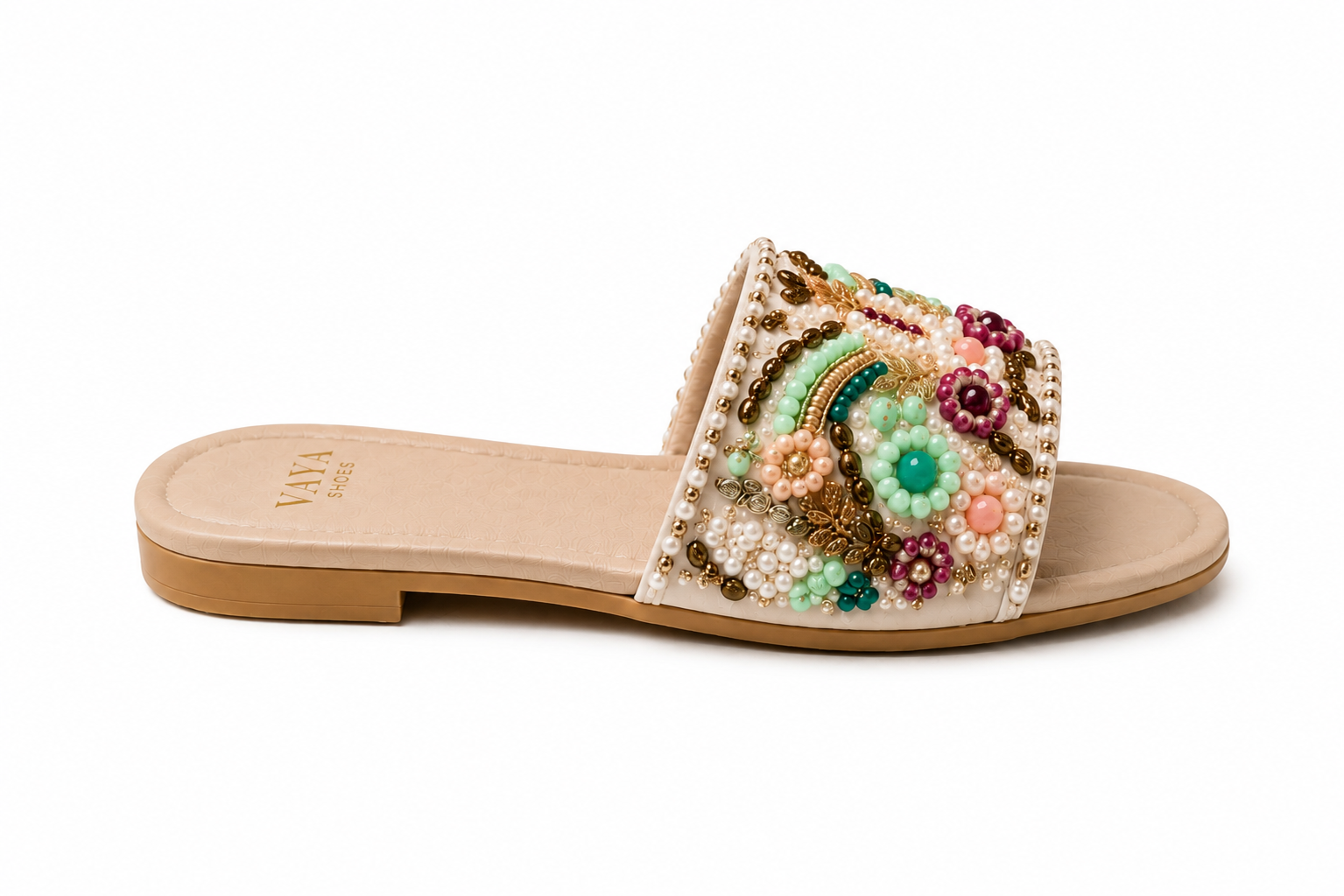 Handmade floral embroidered flats for women with bead work by Nazakat By Vaya Pakistan