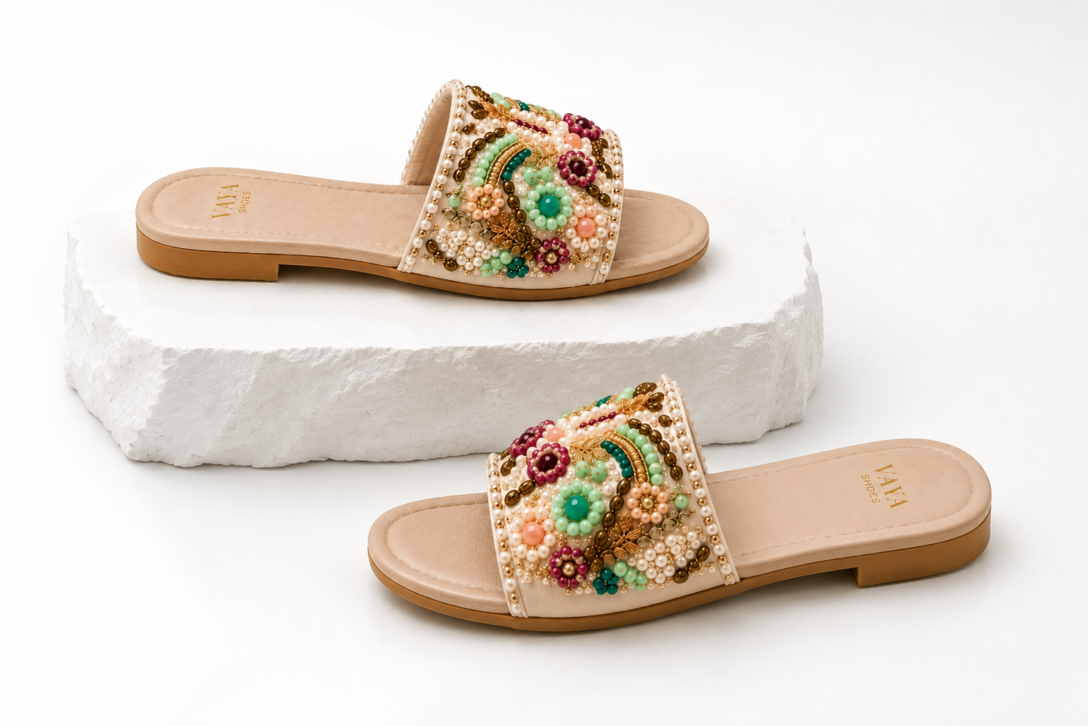 Handmade floral embroidered flats for women with bead work by Nazakat By Vaya Pakistan