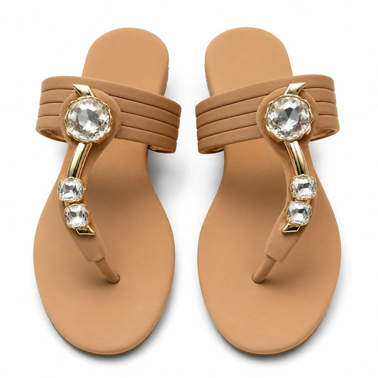 Solara Gem tan crystal and gold embellished toe loop sandals by Vaya Shoes