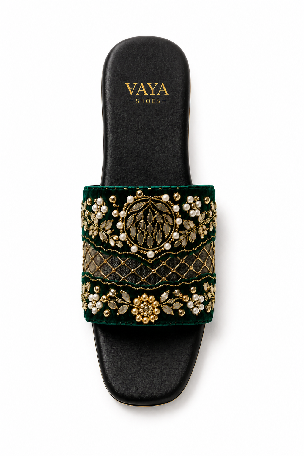 Zarmina by VAYA emerald green handcrafted pearl embellished flats for women – luxury Pakistani festive and wedding footwear
