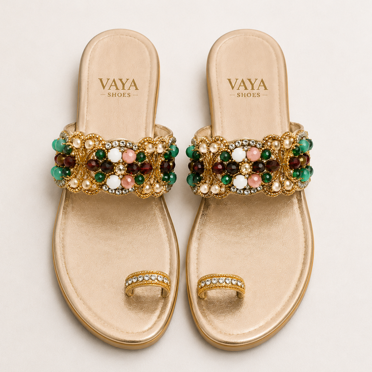 Afsana by VAYA handcrafted golden flats with colourful stones, pearls and luxury festive embellishments for women