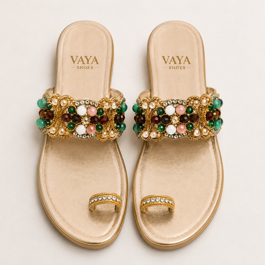 Afsana by VAYA handcrafted golden flats with colourful stones, pearls and luxury festive embellishments for women