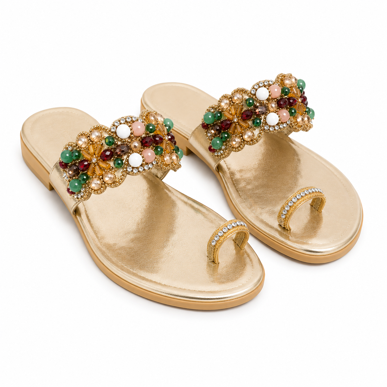 Afsana by VAYA handcrafted golden flats with colourful stones, pearls and luxury festive embellishments for women