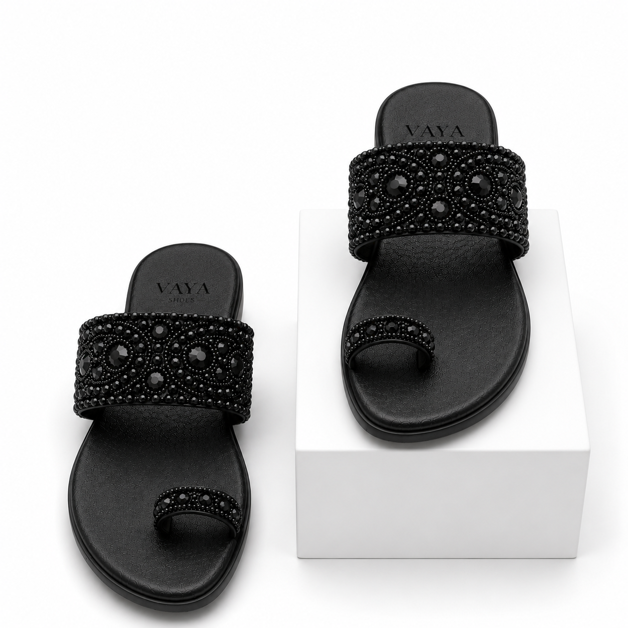 Aks by VAYA handcrafted black pearl embellished flats with luxury beadwork and elegant festive design for women