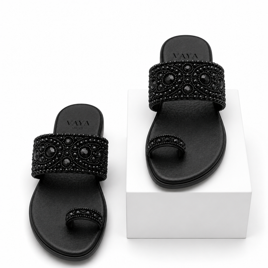 Aks by VAYA handcrafted black pearl embellished flats with luxury beadwork and elegant festive design for women