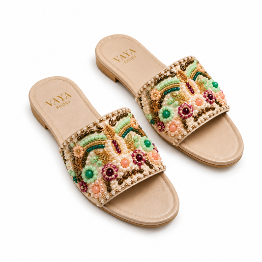Handmade floral embroidered flats for women with bead work by Nazakat By Vaya Pakistan