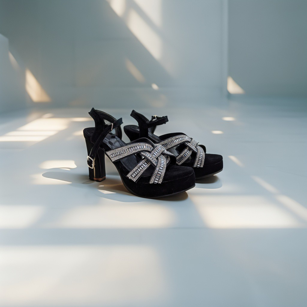Black Velvet Crystal Cross-Strap Heels