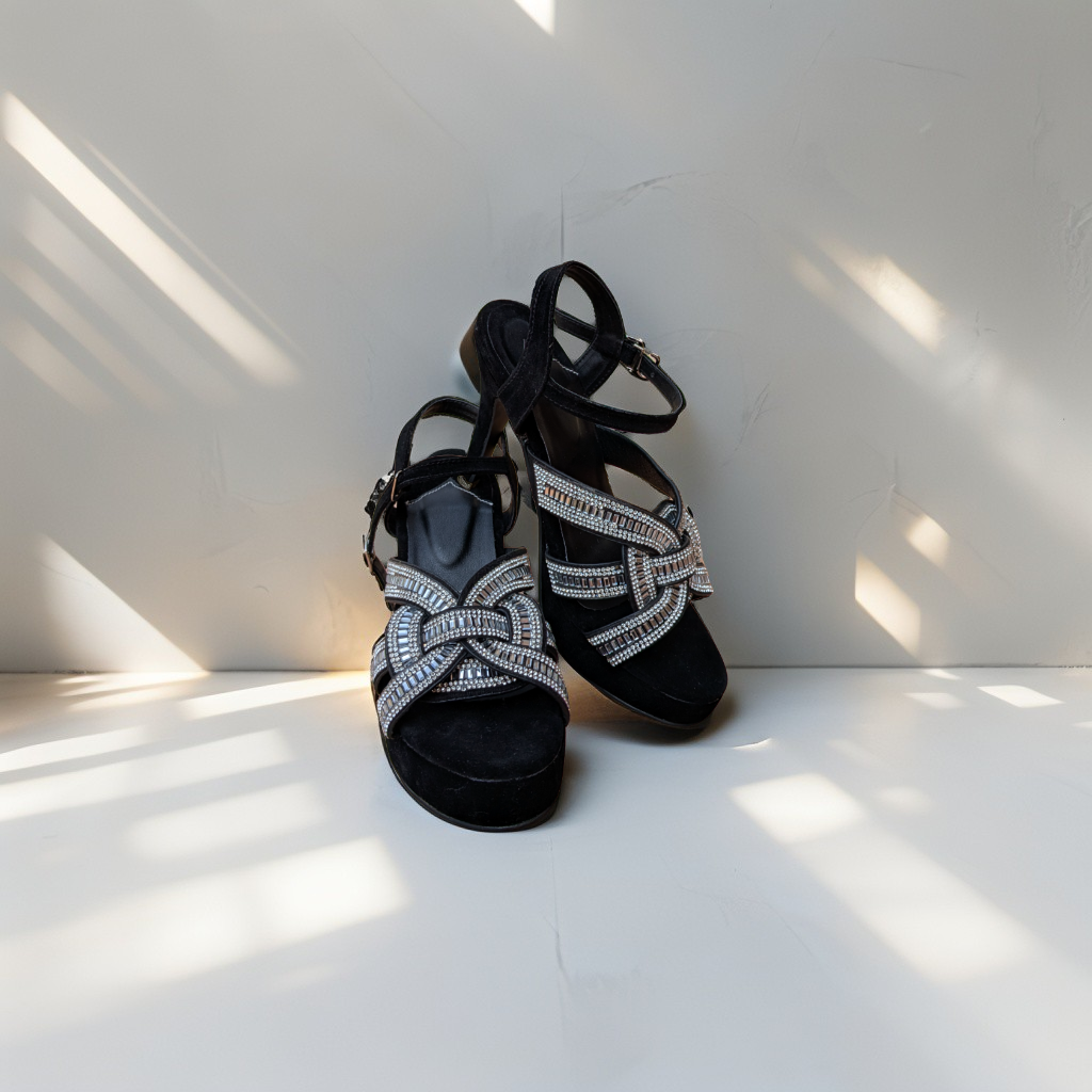 Black Velvet Crystal Cross-Strap Heels