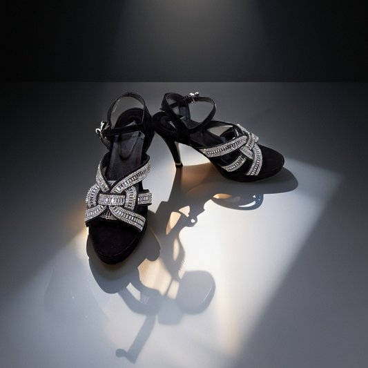 Black Velvet Crystal Cross-Strap Heels