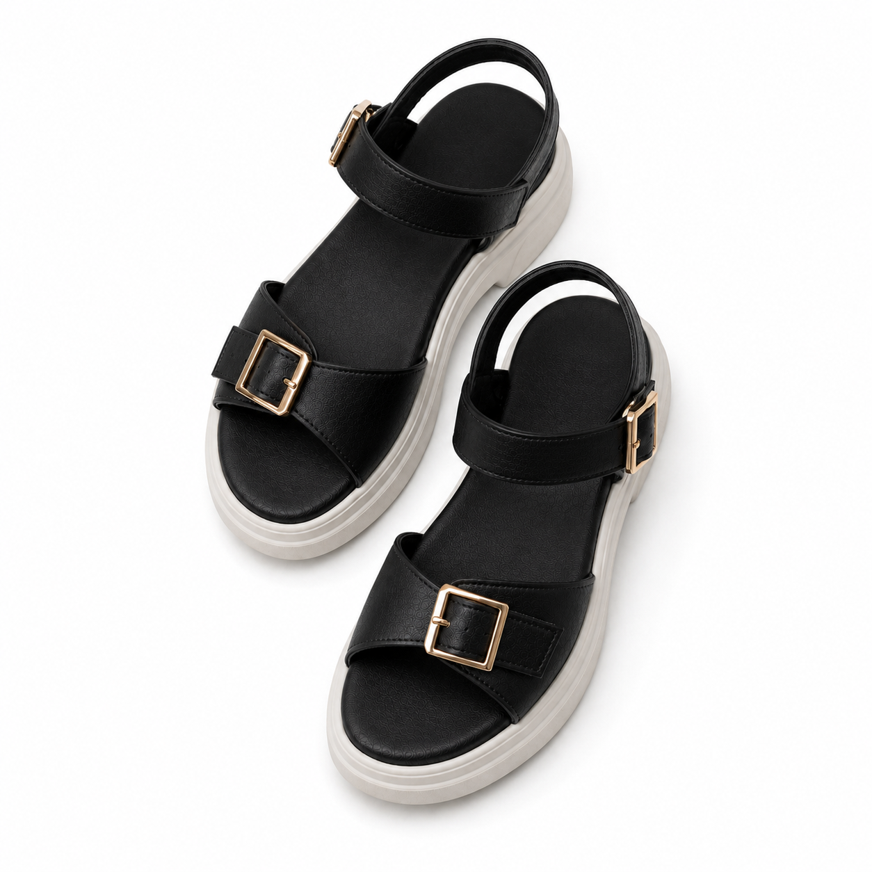 Merlot Black platform sandals by ROAMÉ by VAYA with adjustable buckle straps, lightweight white platform sole, and cushioned comfort.