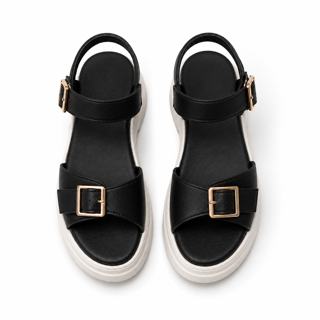 Merlot Black platform sandals by ROAMÉ by VAYA with adjustable buckle straps, lightweight white platform sole, and cushioned comfort.