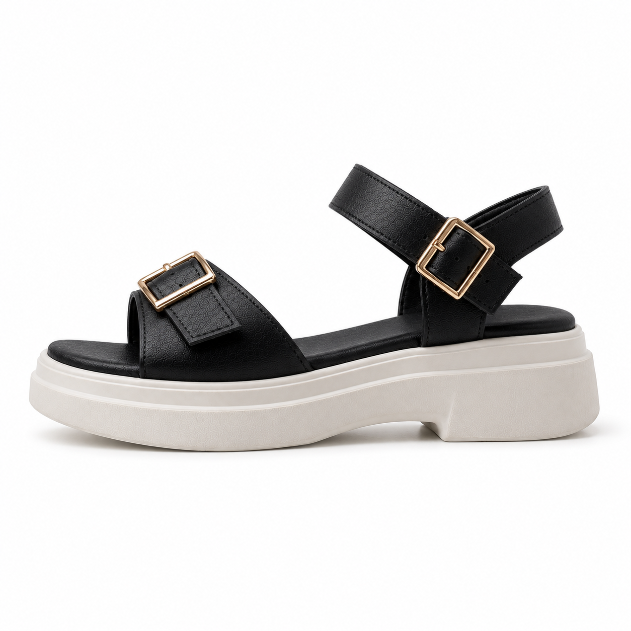 Merlot Black platform sandals by ROAMÉ by VAYA with adjustable buckle straps, lightweight white platform sole, and cushioned comfort.