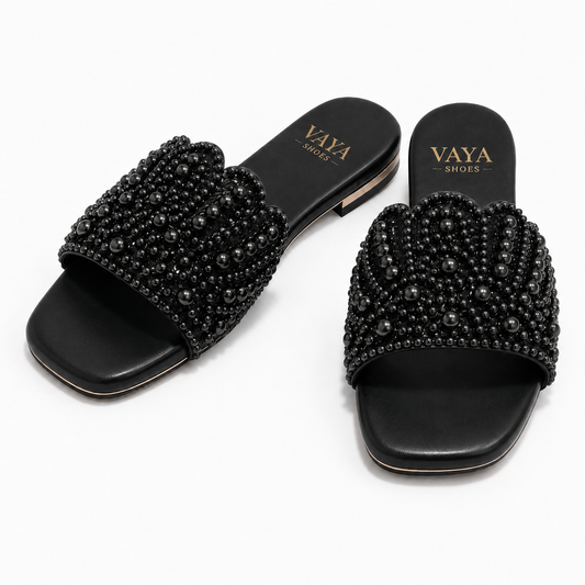 Mehr by VAYA black pearl embellished handmade women flats Pakistan – luxury comfortable festive footwear