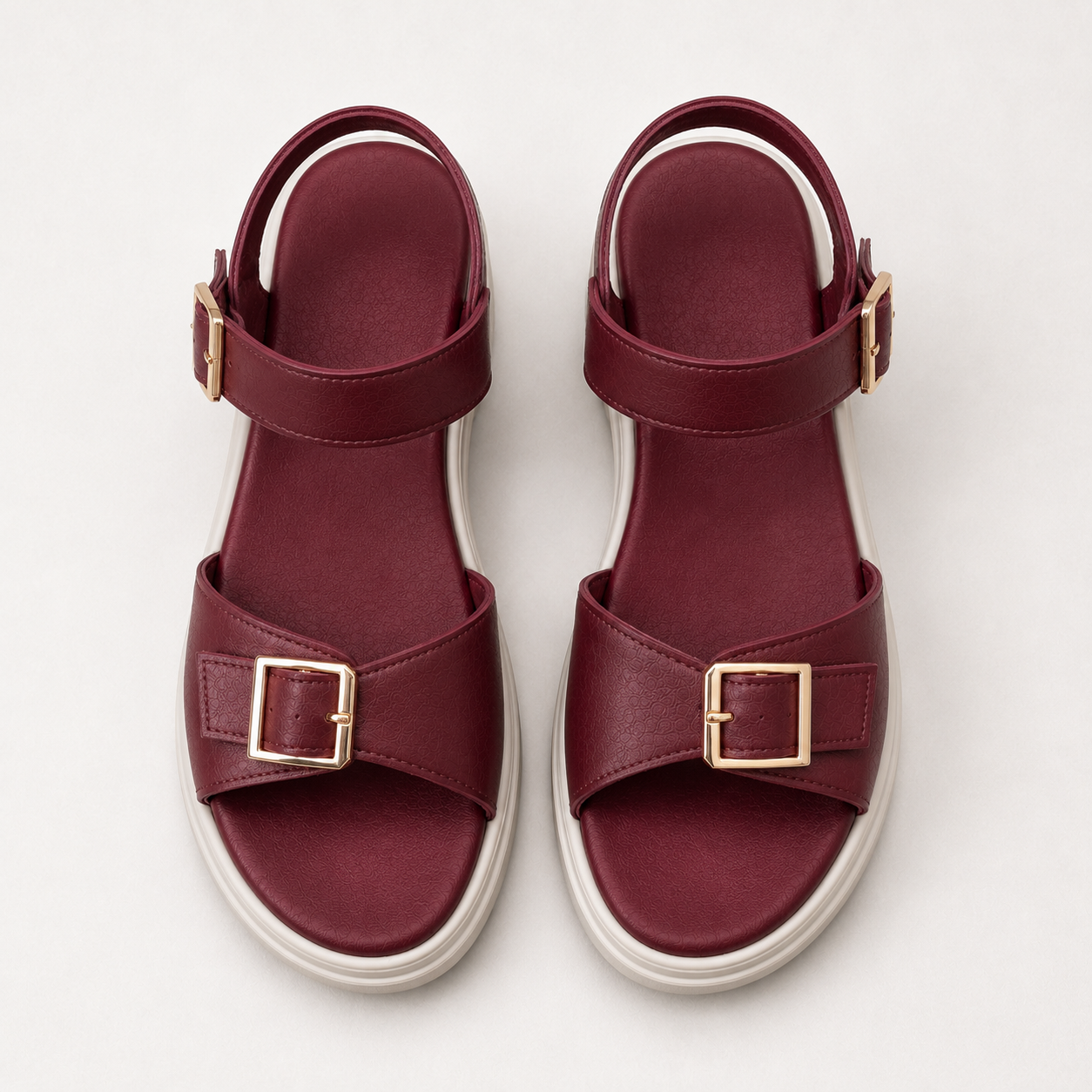 Merlot platform sandals from ROAMÉ by VAYA featuring a rich maroon synthetic leather upper, adjustable buckle straps, a lightweight white PU platform sole, and a cushioned footbed for all-day comfort.