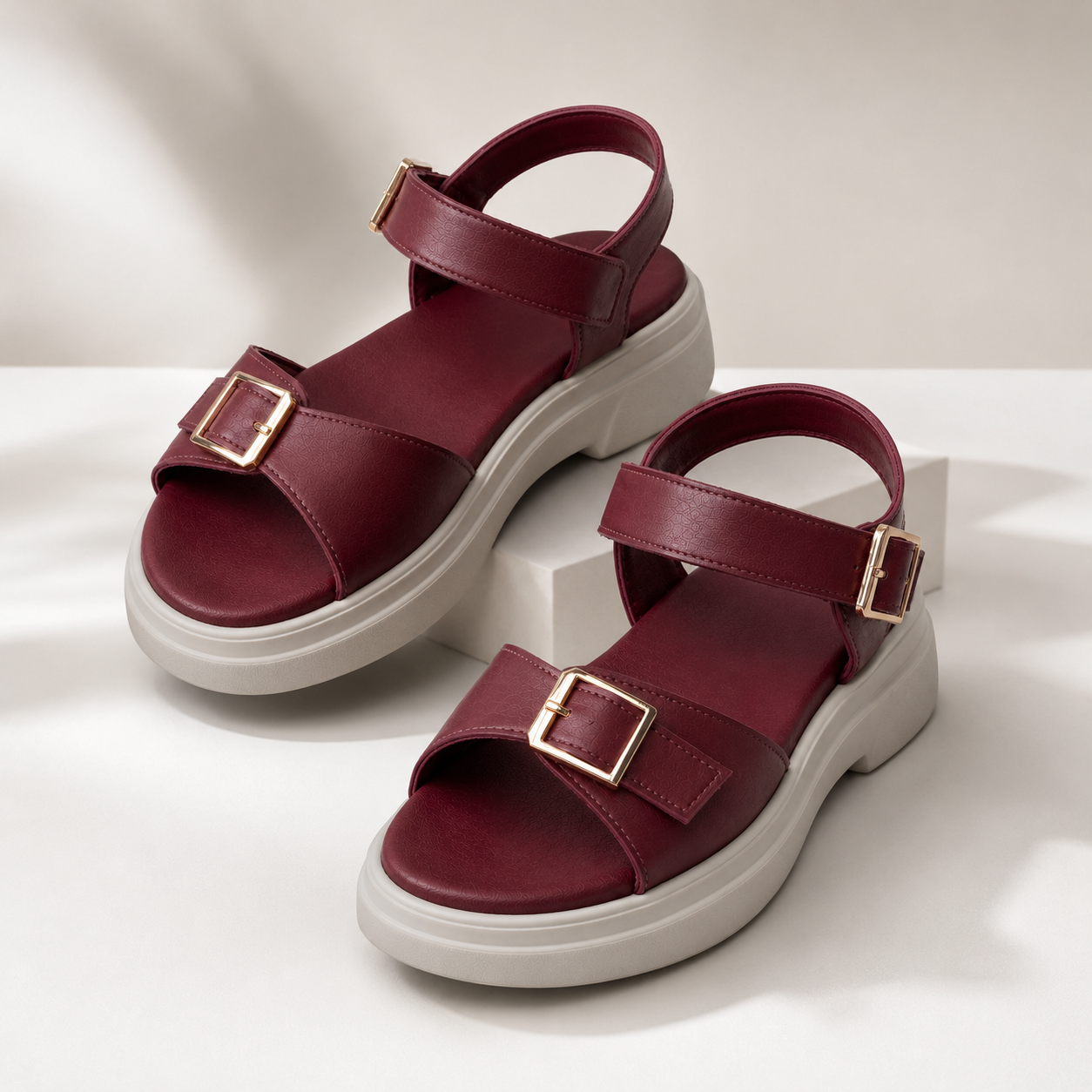 Merlot platform sandals from ROAMÉ by VAYA featuring a rich maroon synthetic leather upper, adjustable buckle straps, a lightweight white PU platform sole, and a cushioned footbed for all-day comfort.