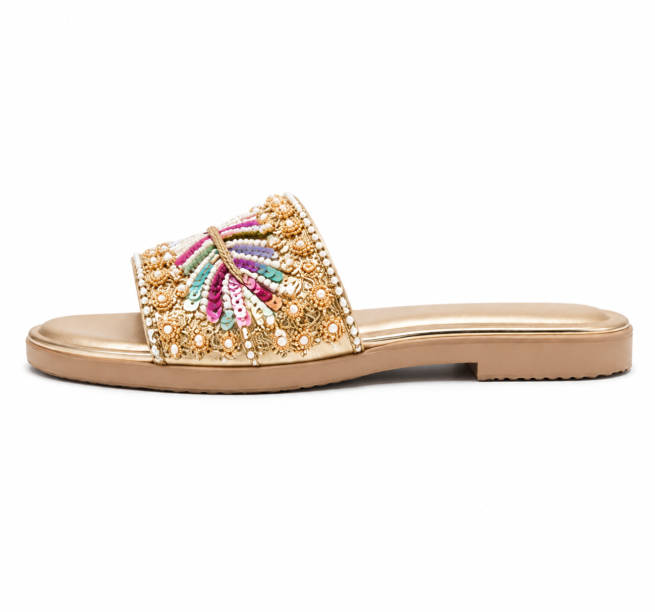 Rangrez by VAYA colorful handmade pearl flats – Pakistani women luxury festive sandals