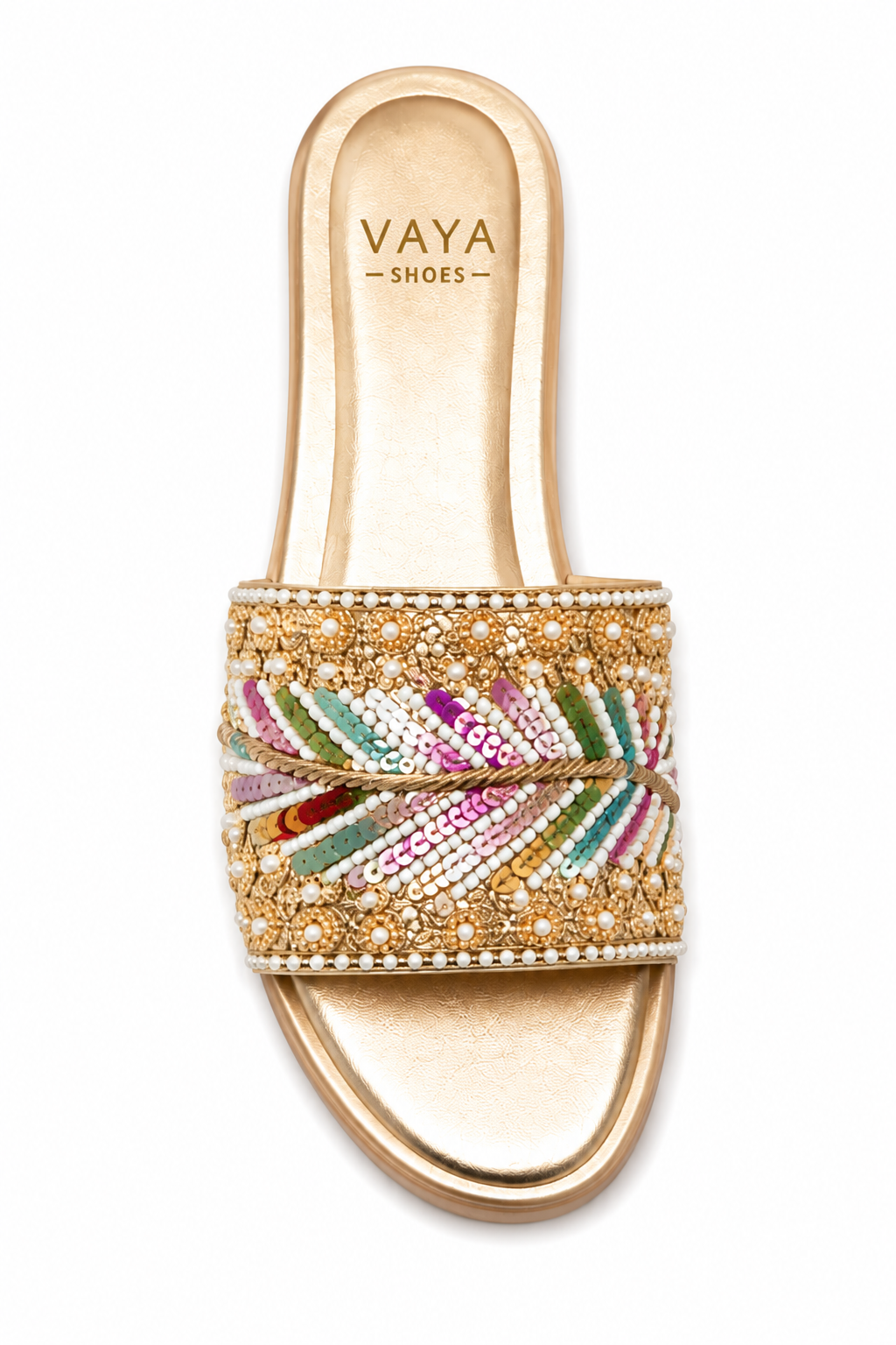 Rangrez by VAYA colorful handmade pearl flats – Pakistani women luxury festive sandals