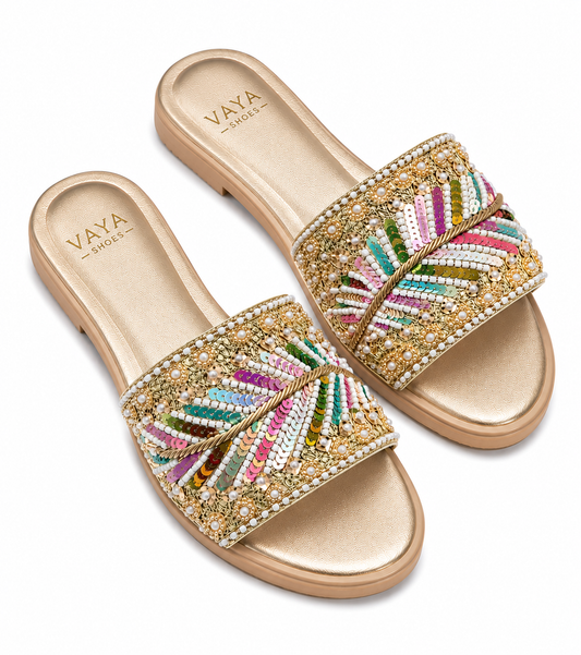 Rangrez by VAYA colorful handmade pearl flats – Pakistani women luxury festive sandals
