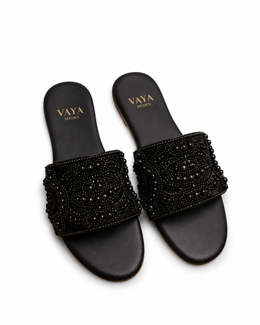 Siyara by VAYA black pearl luxury handcrafted flats for women – premium Pakistani festive and party wear footwear