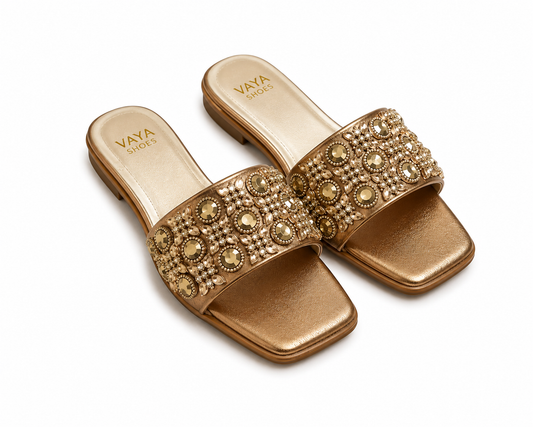Zareen by VAYA handcrafted golden pearl embellished flats for women – luxury Pakistani wedding and festive footwear