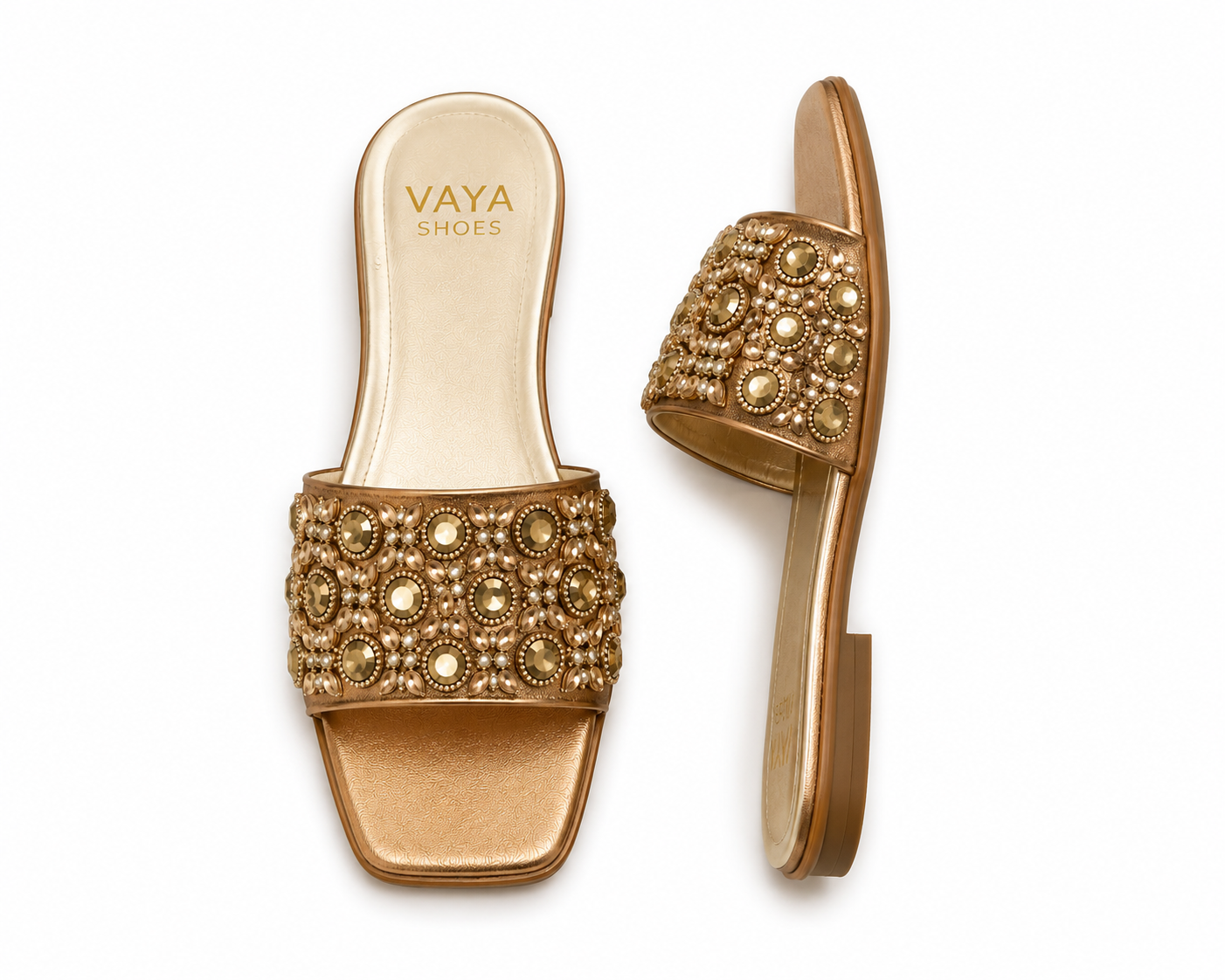 Zareen by VAYA handcrafted golden pearl embellished flats for women – luxury Pakistani wedding and festive footwear