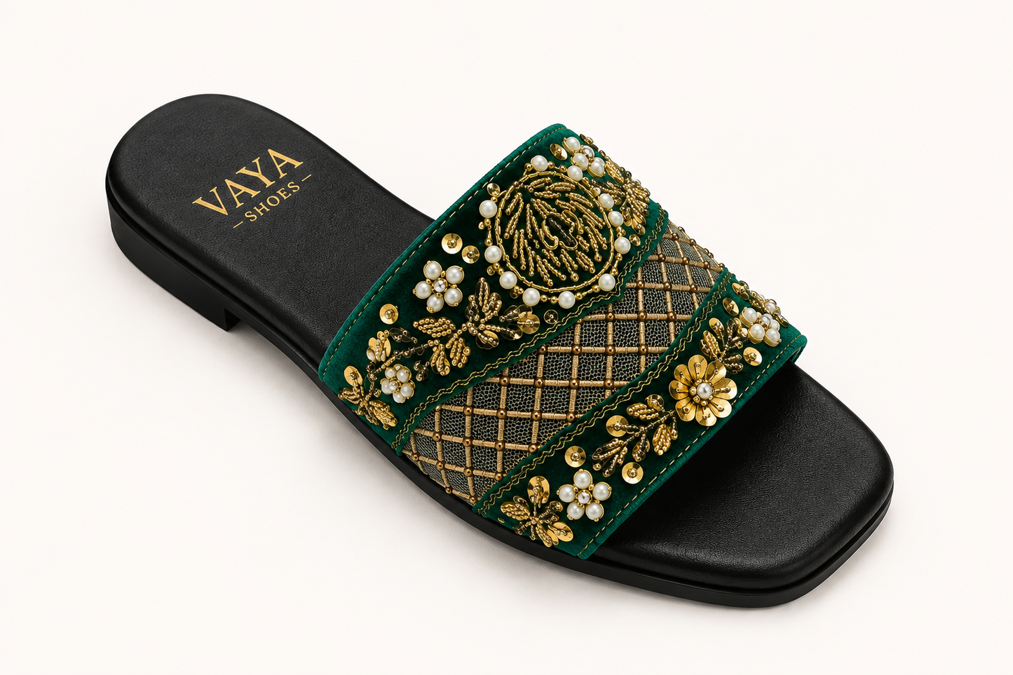 Zarmina by VAYA emerald green handcrafted pearl embellished flats for women – luxury Pakistani festive and wedding footwear