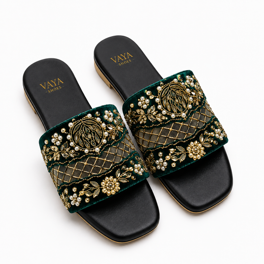 Zarmina by VAYA emerald green handcrafted pearl embellished flats for women – luxury Pakistani festive and wedding footwear