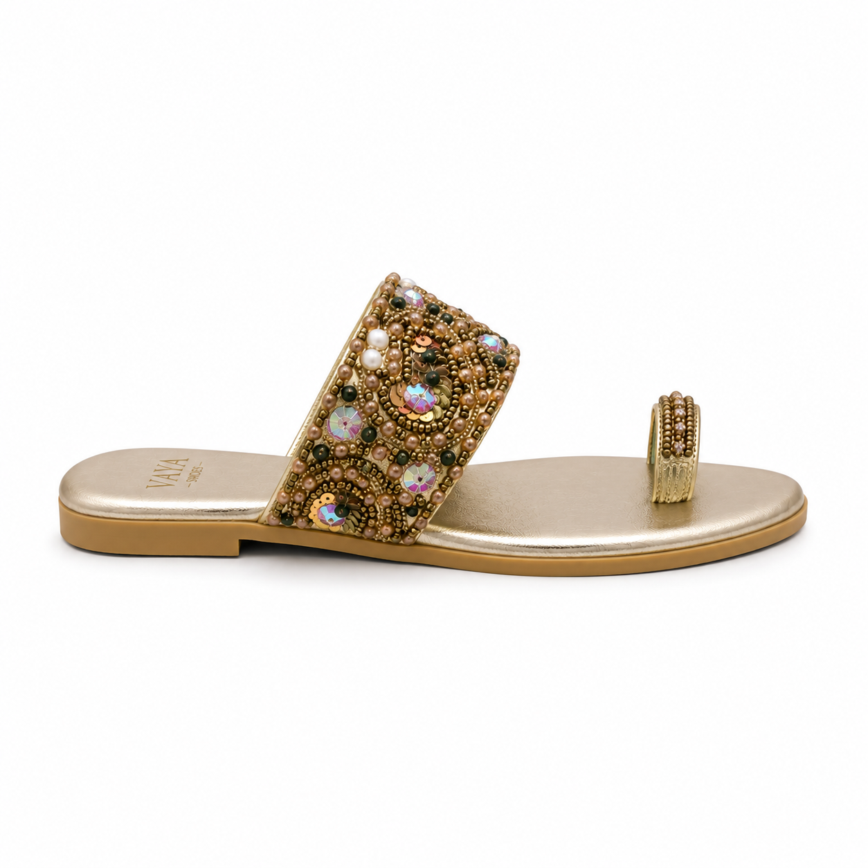 Zarqash by VAYA antique gold handcrafted pearl embellished flats for women – luxury Pakistani wedding and festive footwear