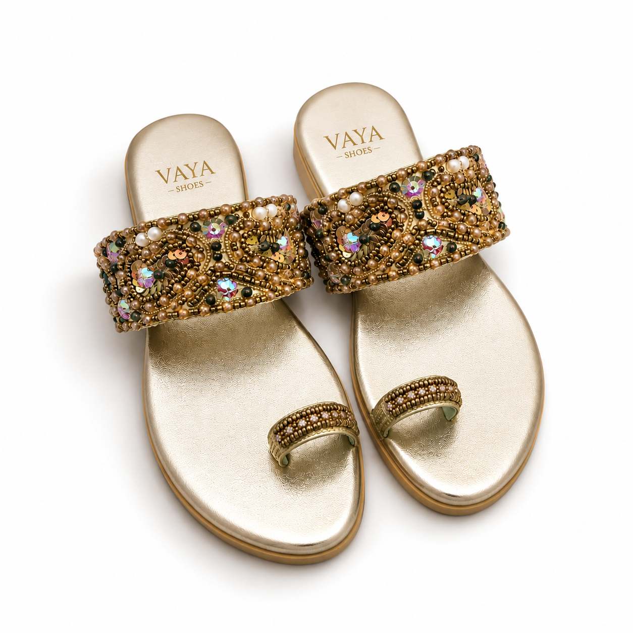Zarqash by VAYA antique gold handcrafted pearl embellished flats for women – luxury Pakistani wedding and festive footwear