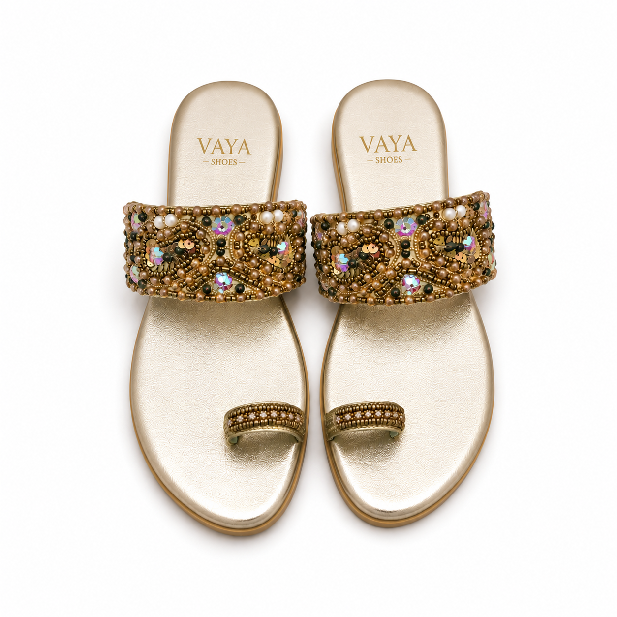 Zarqash by VAYA antique gold handcrafted pearl embellished flats for women – luxury Pakistani wedding and festive footwear